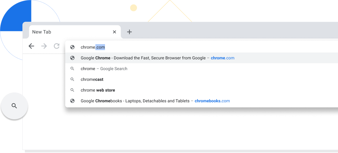 Priartinta naujo naršyklės „Chrome“ lango skirtuko su adreso juostoje įvestu chrome.com peržiūra.