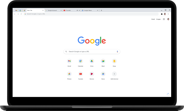 Nešiojamuosiuose kompiuteriuose teikiamas Google.com pagrindinis puslapis.