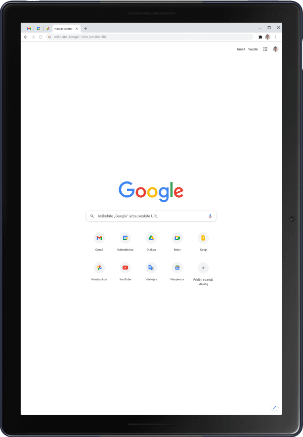 „Pixel Slate“ planšetinis kompiuteris stačiojo ekrano režimu, kuriame rodomas „Google“ pagrindinis puslapis.
