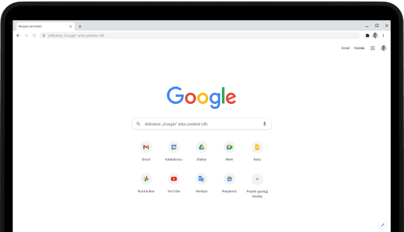 Viršutinis kairysis „Pixelbook Go“ nešiojamojo kompiuterio kampas, kuriame matomas ekranas su pateikta Google.com paieškos juosta ir mėgstamiausiomis programomis.