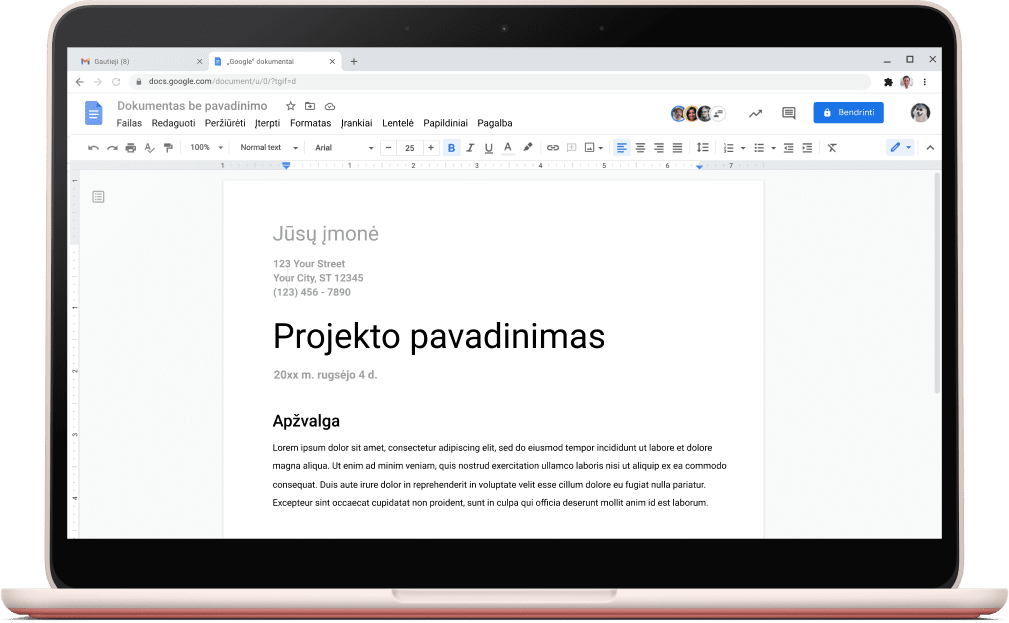 „Google“ dokumentų ekrane rodomas atidarytas projekto šablonas.