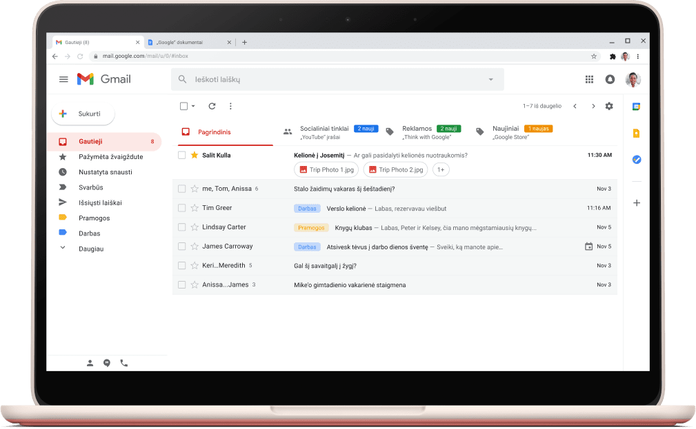 „Gmail“ sąsajos ekranas su el. laiškų sąrašu.