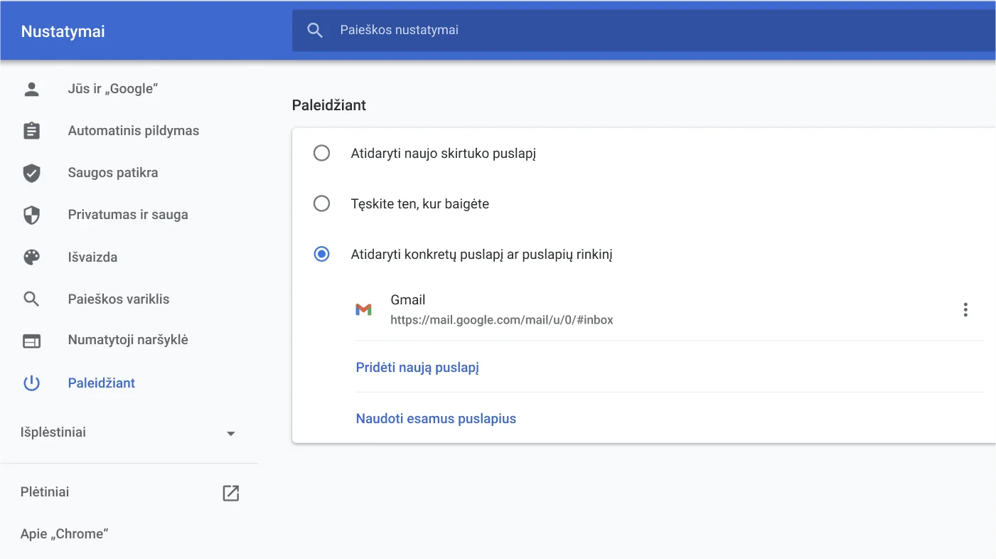 „Chrome“ naršyklės nustatymų langas, kuriame rodomas parinkčių meniu „Paleidžiant“.