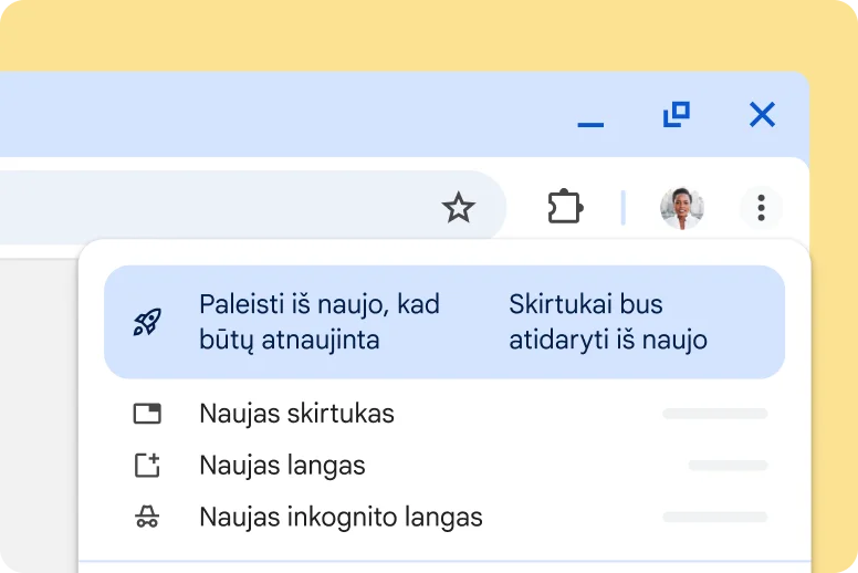 „Chrome“ UI įspėja, kad yra laukiantis atnaujinimas