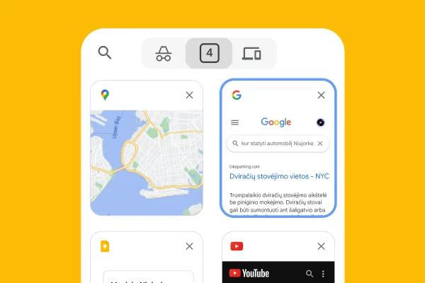 Naršyklė mobiliesiems įkelia skirtukus iš stalinio kompiuterio naršyklės, įskaitant „Google“ žemėlapius ir automobilių stovėjimo aikštelių Niujorke informaciją.