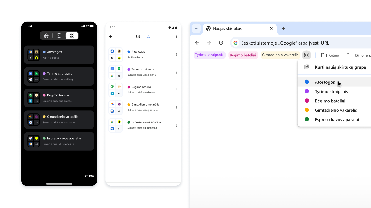 Skirtukų grupės „iOS“, „Android“ ir staliniuose įrenginiuose