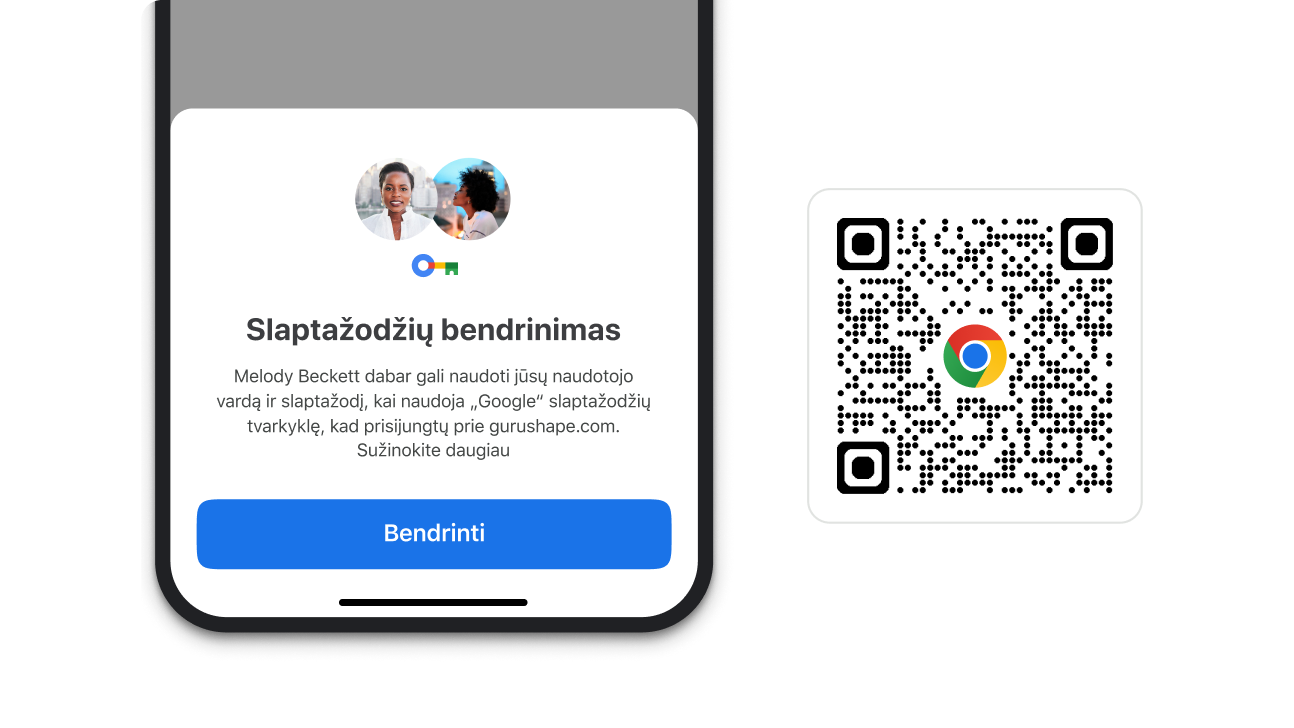 „Chrome“ modulis, kurį naudojant galima bendrinti slaptažodžius. Šalia modulio yra QR kodas, kurį galima naudoti norint atsisiųsti „Chrome“.