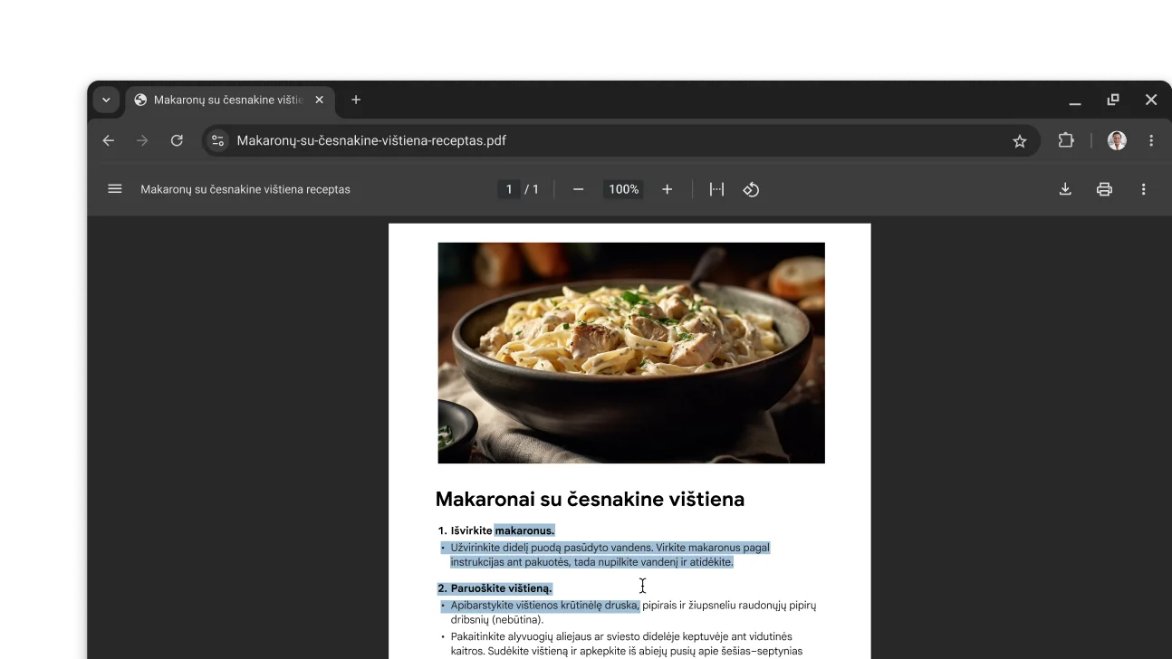 „Chrome“ naršyklės lange atidarytas PDF su receptu. Naudotojas pasirinko tekstą PDF faile.