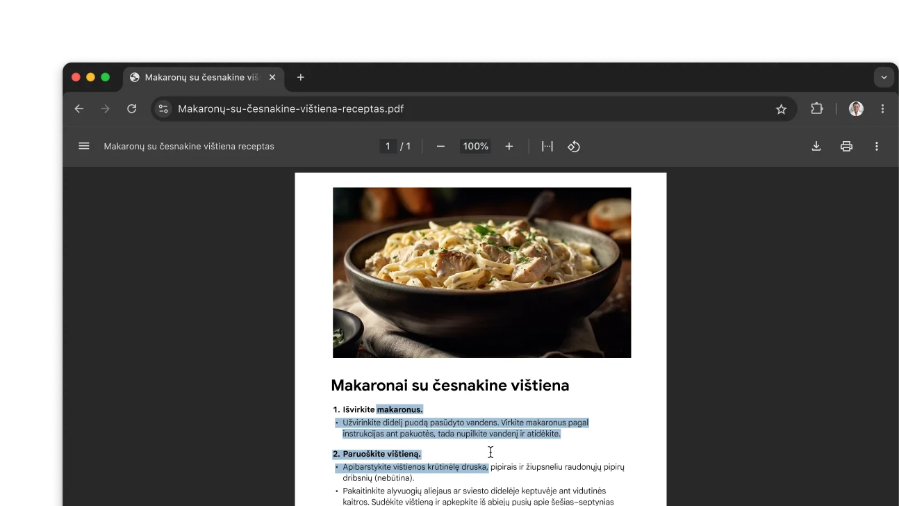 „Chrome“ naršyklės lange atidarytas PDF su receptu. Naudotojas pasirinko tekstą PDF faile.