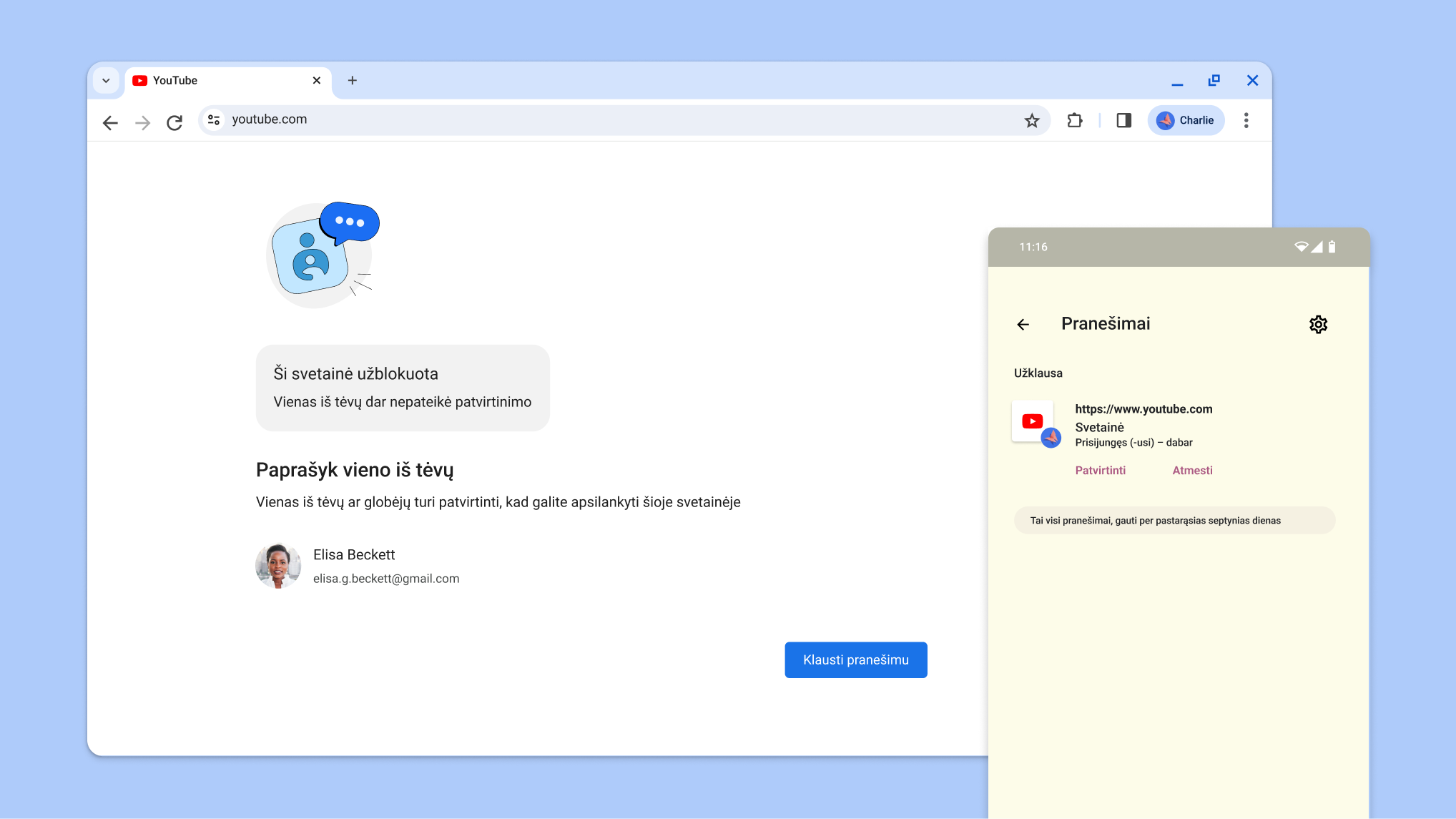 Svetainės, užblokuotos naudojant tėvų kontrolę, ir „Family Link“ pranešimai, kuriuose prašoma patvirtinti apsilankymą svetainėje