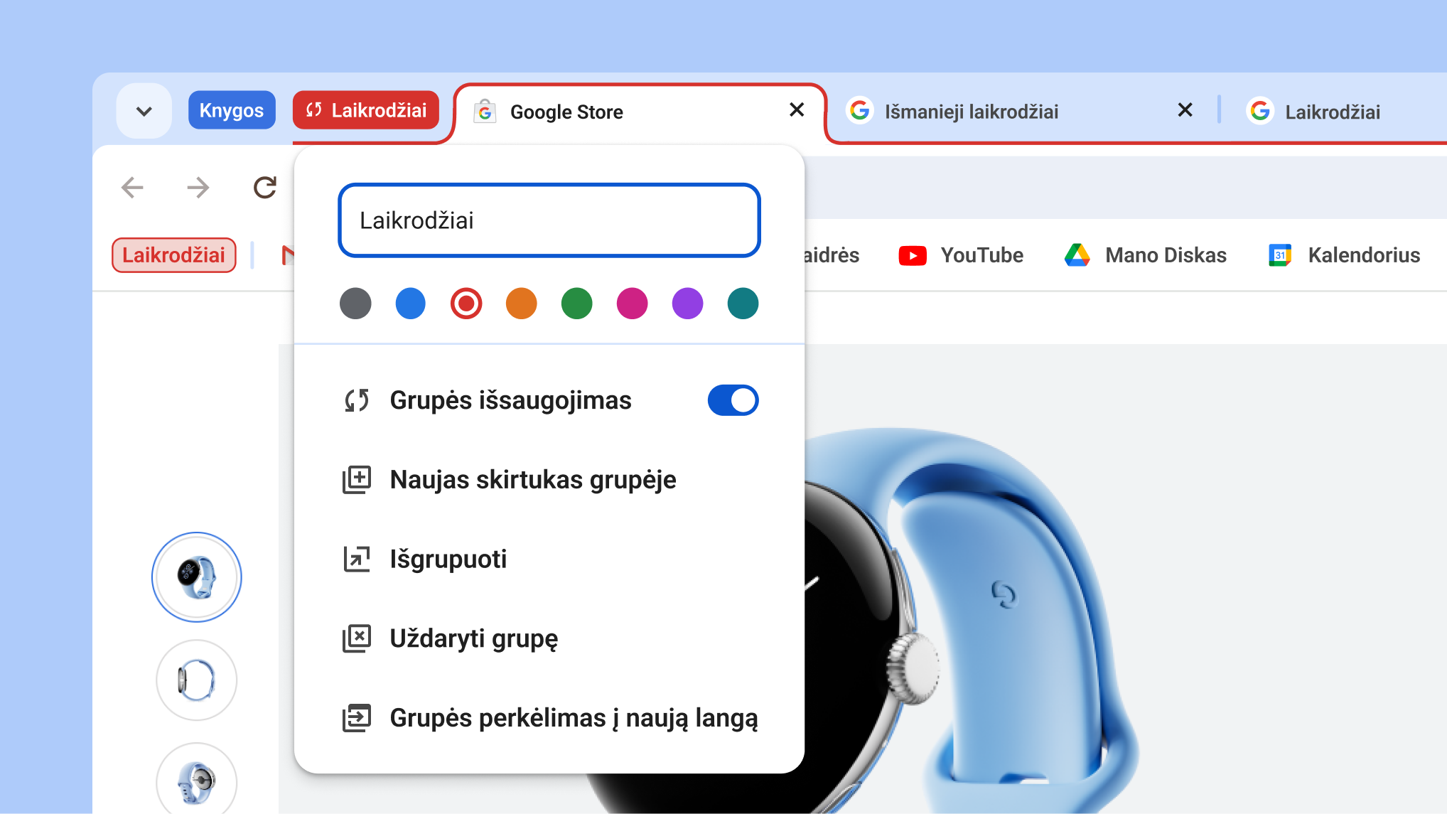Atidarytas skirtukų grupių meniu, kuriame rodomos naujos grupių išsaugojimo ir slėpimo parinktys