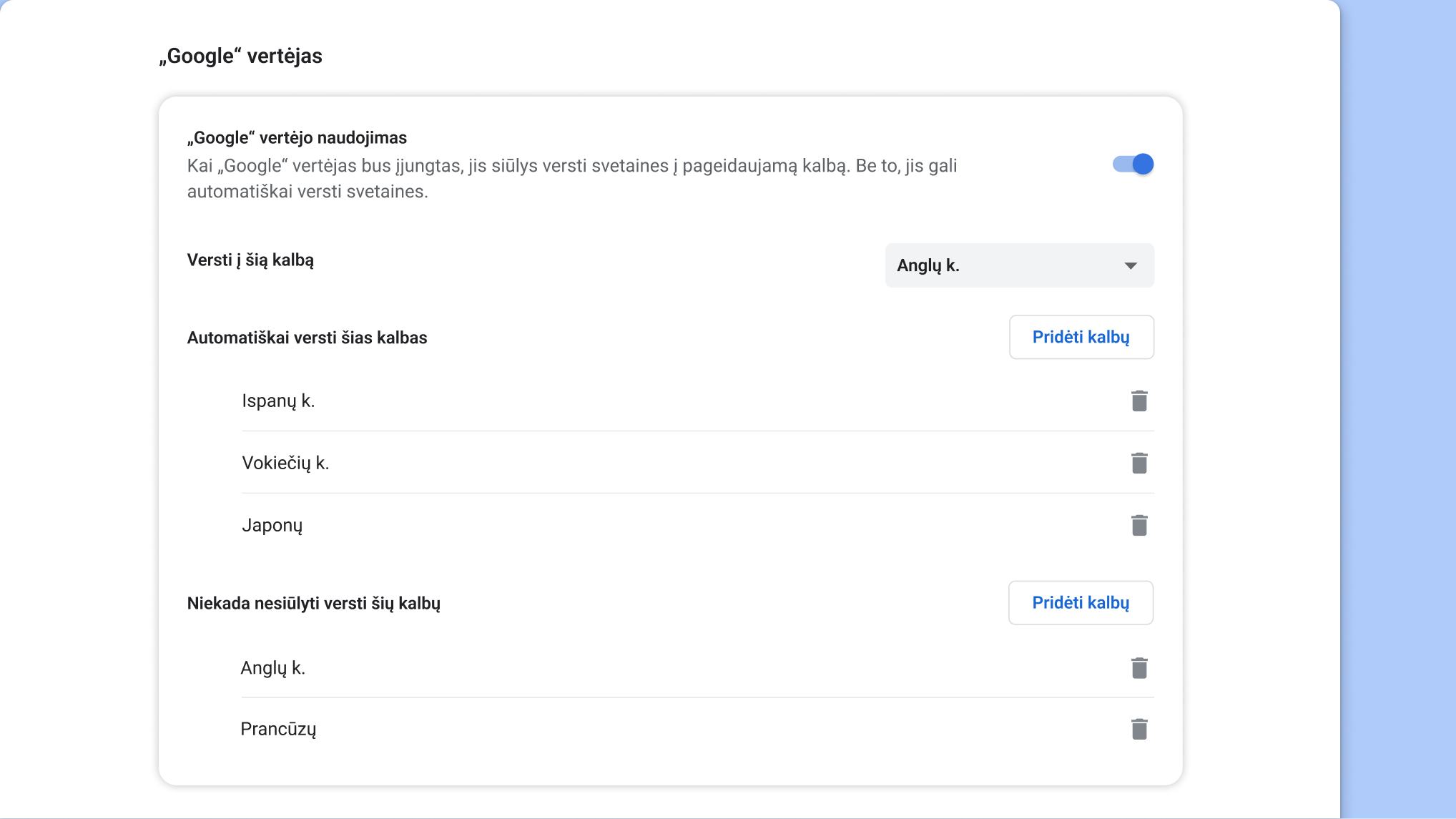 „Google“ vertėjo nustatymų puslapis naršyklėje „Chrome“