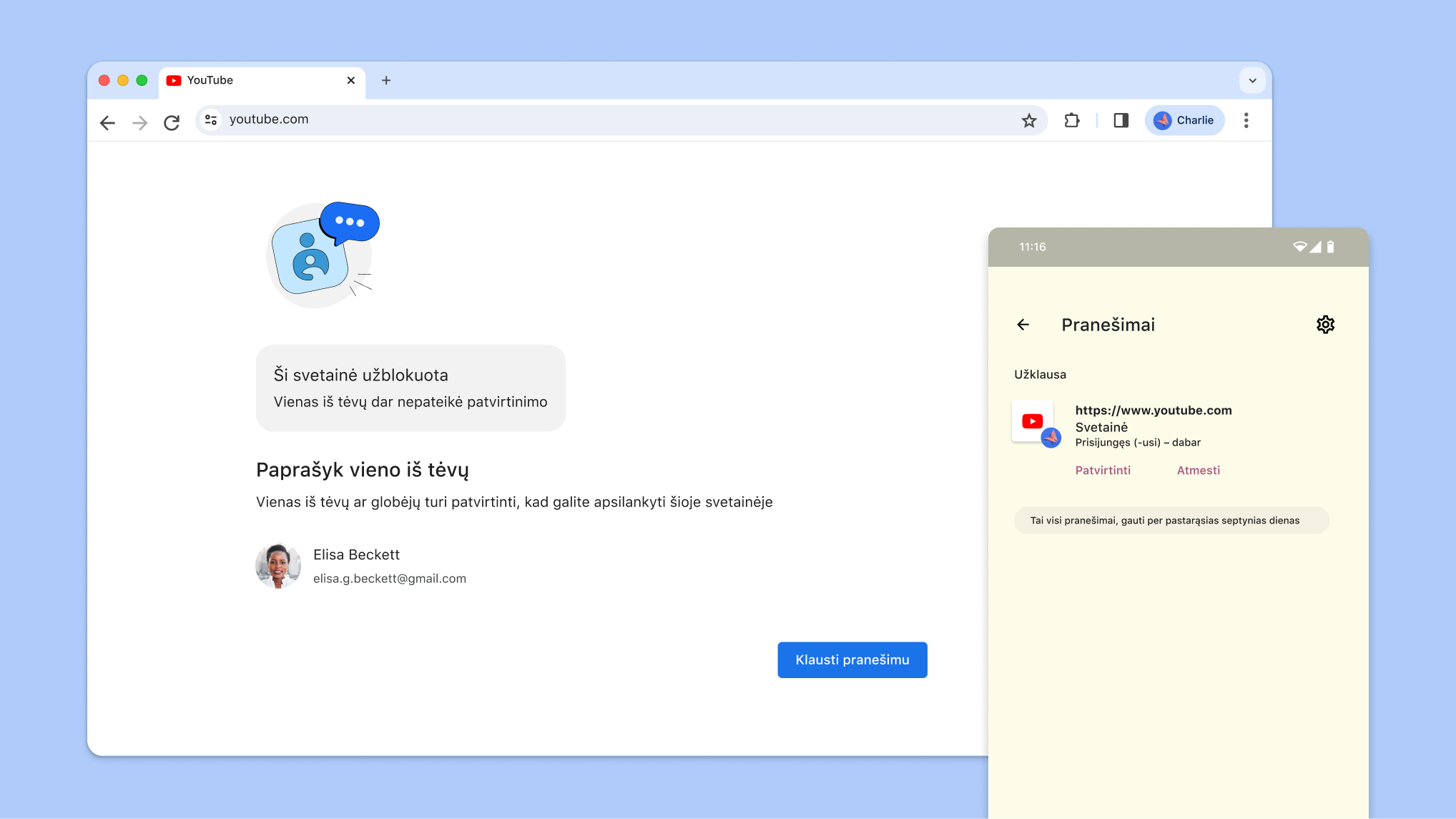 Svetainės, užblokuotos naudojant tėvų kontrolę, ir „Family Link“ pranešimai, kuriuose prašoma patvirtinti apsilankymą svetainėje