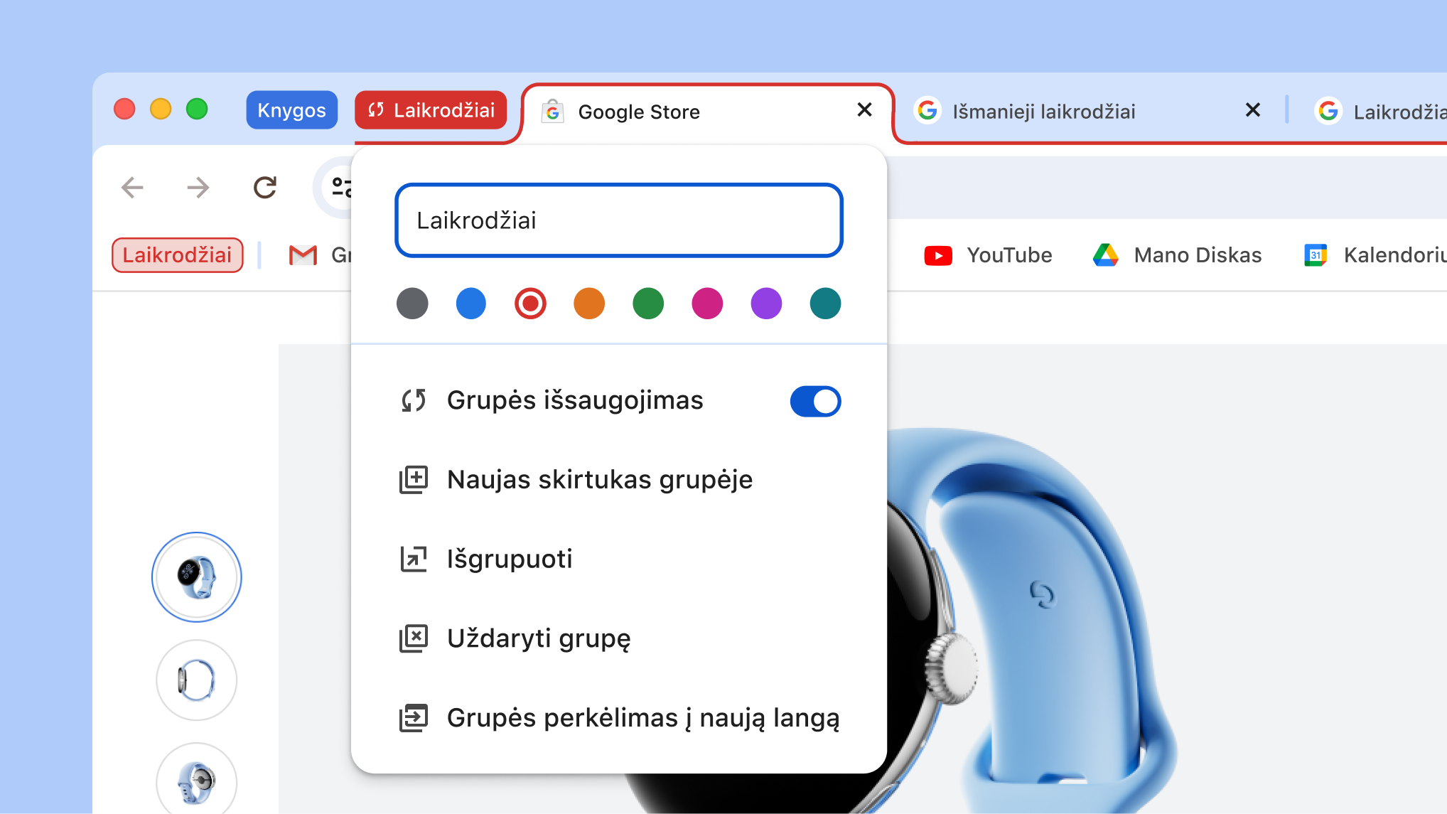 Atidarytas skirtukų grupių meniu, kuriame rodomos naujos grupių išsaugojimo ir slėpimo parinktys