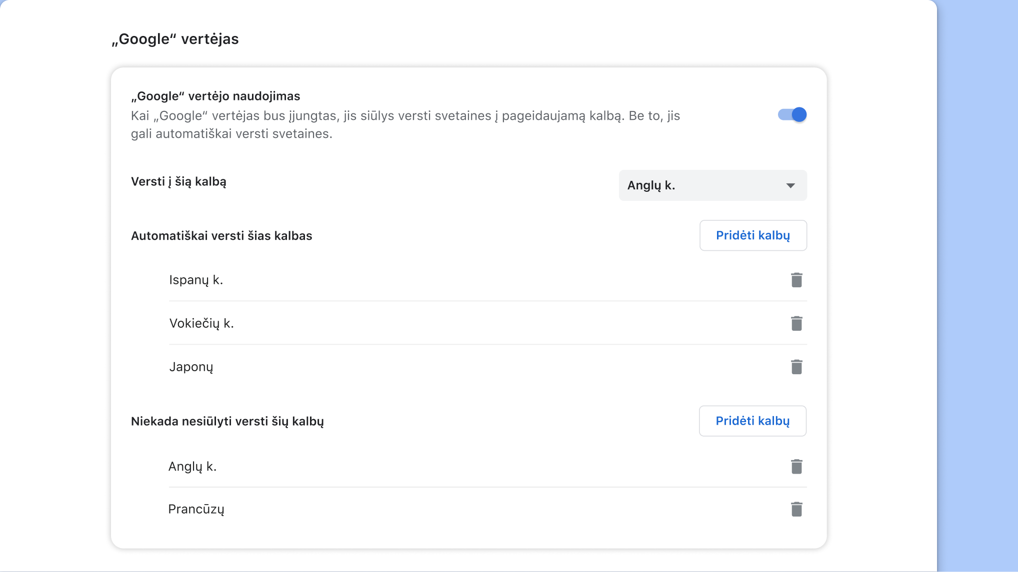 „Google“ vertėjo nustatymų puslapis naršyklėje „Chrome“