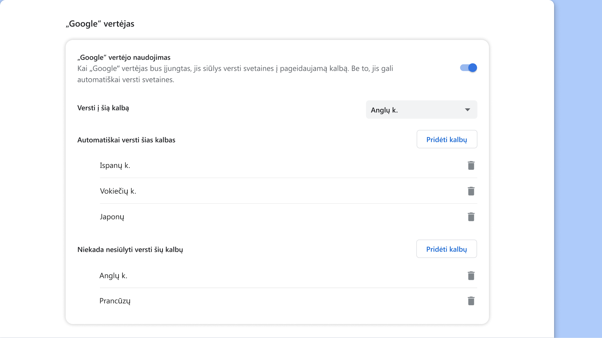 „Google“ vertėjo nustatymų puslapis naršyklėje „Chrome“