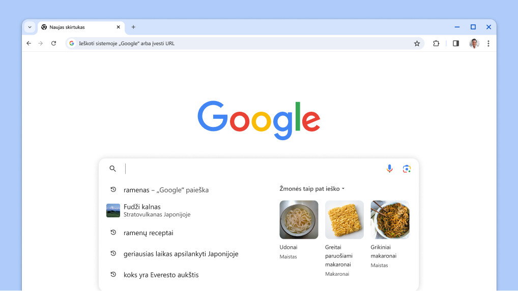 Žymeklis rodomas paieškos laukelyje su automatiškai įkeltomis ankstesnėmis paieškomis ir susijusiomis temomis.