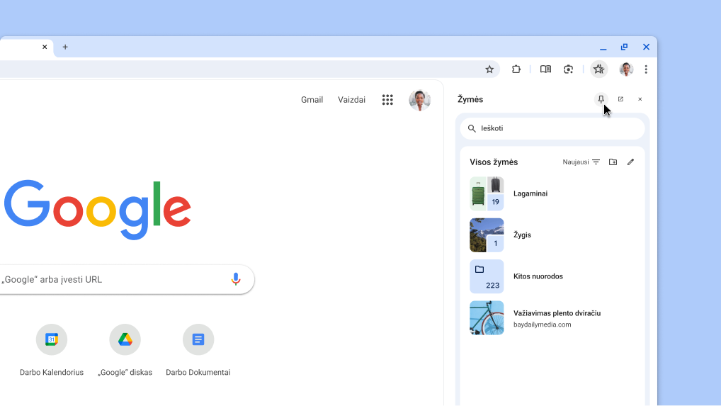 „Chrome“ šoninio skydelio prisegimas įrankių juostoje