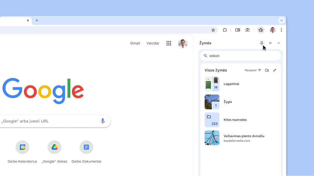 „Chrome“ šoninio skydelio prisegimas įrankių juostoje